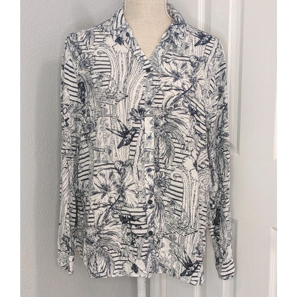 Chico's Blouse Womens Sz 3 US XL 16 Black White Floral Button Up Roll Tab Sleeve